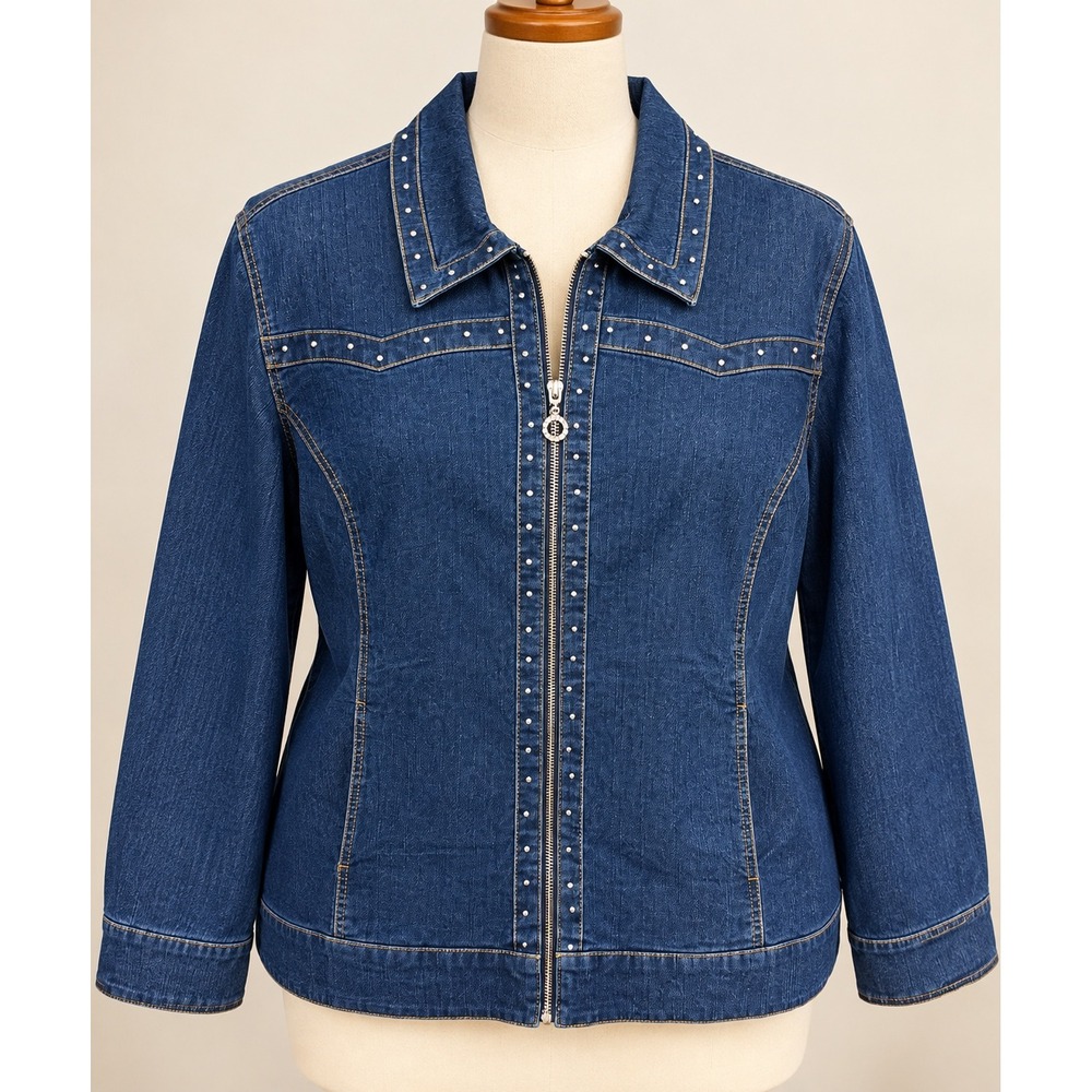 Cathy Daniels Womens 2X Denim Jacket Blue Studded Zip Up Stretch Western 712439